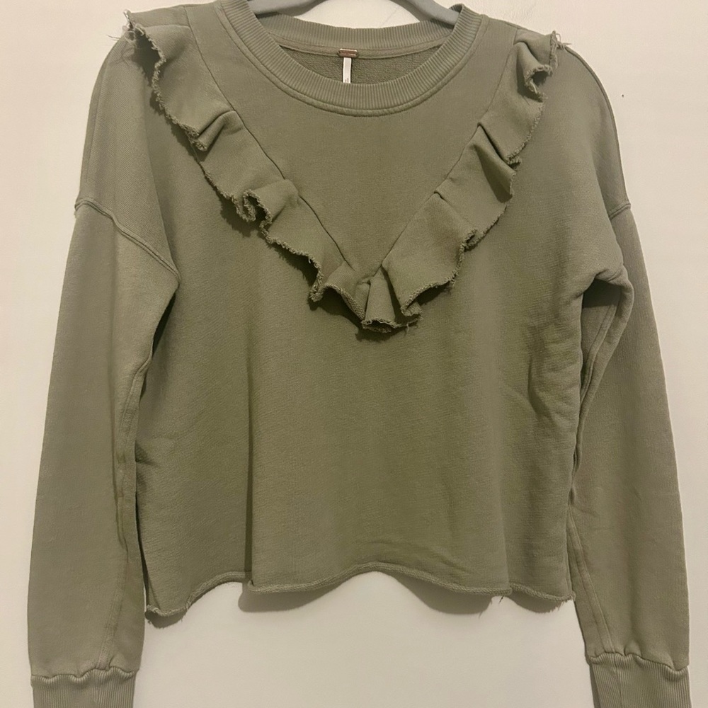 Free People 100% Cotton Ruffle Crop Lightweight Sweatshirt sz xs xsmall